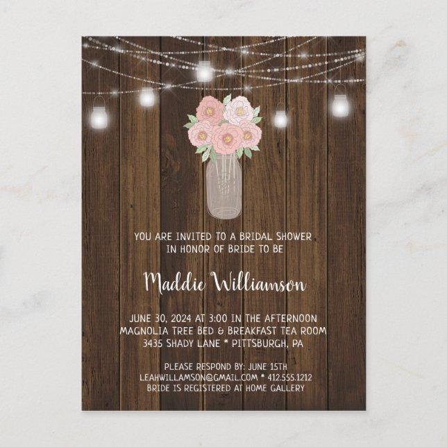 Rustikales Mason Jar Floral Lights Brautparty Postkarte (Vorderseite)