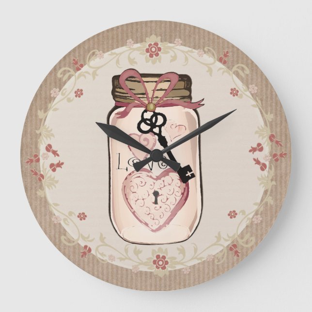 Rustikales Mason Jar Liebe Schlüsselanhänger Große Wanduhr (Vorderseite)