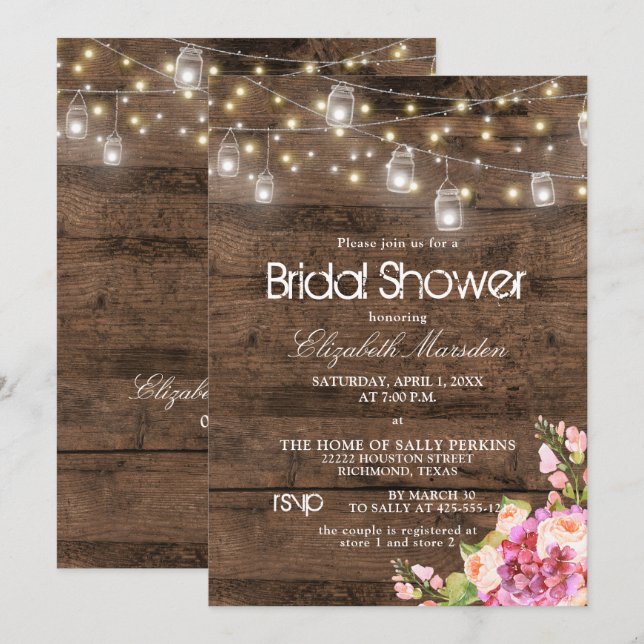 Rustikales Mason Jar Lights Blush Brautparty Einladung (Vorne/Hinten)