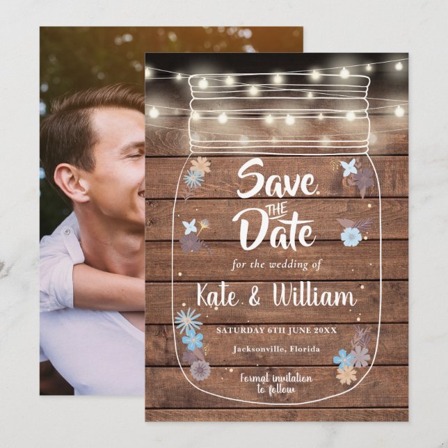 Rustikales Mason Jar String Lights Foto Save The Date (Vorne/Hinten)