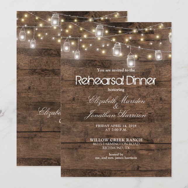 Rustikales Mason Jars String Lights Probe Dinner Einladung (Vorne/Hinten)