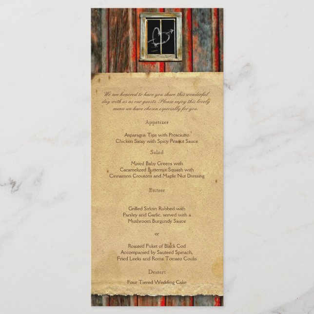 Rustikales Menü "Barn Wood Graffiti Heart Wedding" Menükarte (Vorderseite)