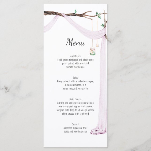 Rustikales Menü für Hochzeiten von Lilac Drape Tre Menükarte (Vorderseite)