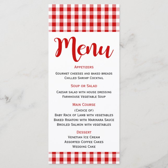 Rustikales Menu Red White Gingham Karo Wedding, Pa Menükarte (Vorderseite)