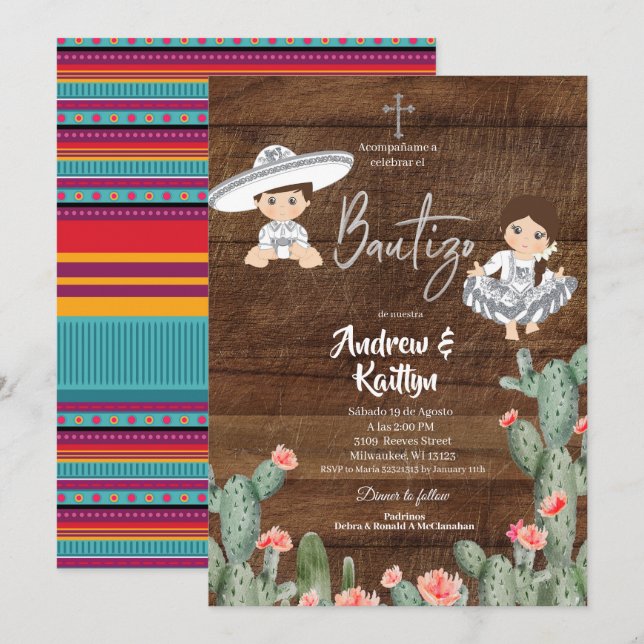 Rustikales mexikanisches Silver Charro Boy Girl Tw Einladung (Vorne/Hinten)