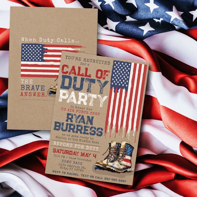 Rustikales Militär Stationierung Farewell Party Einladung (Rustic kraft US flag and patriotic boots Call of Duty military Air Force navy army deployment party)