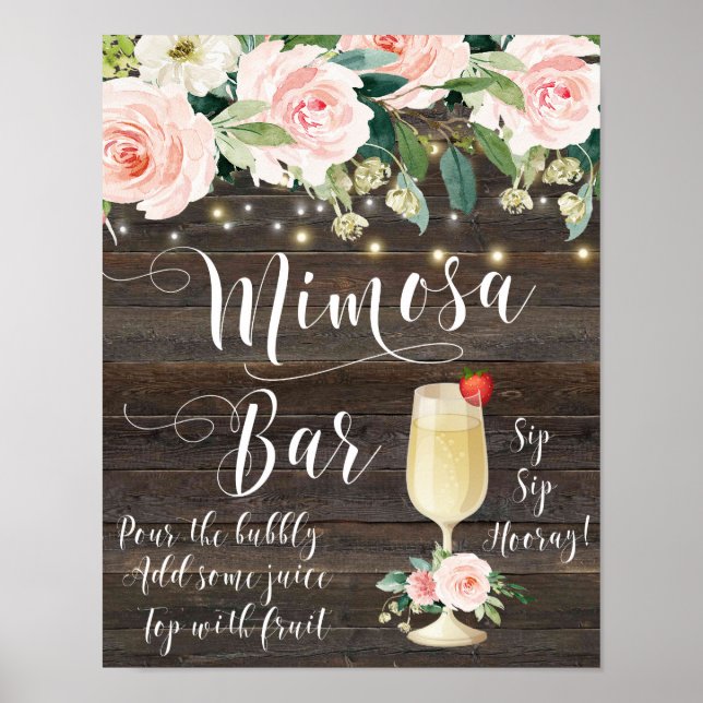 Rustikales Mimosa Bar Wedding Schildröte Rosa Poster (Vorne)