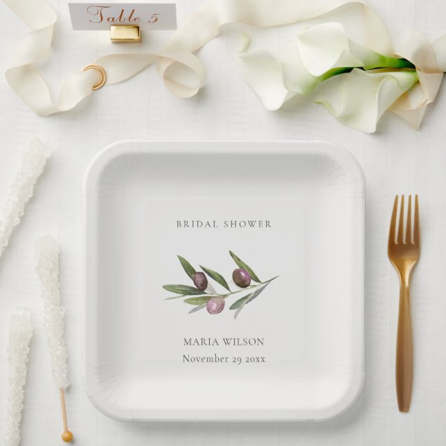 Rustikales Minimal Olive Branch Foliage Brautparty Pappteller (Hochzeit)
