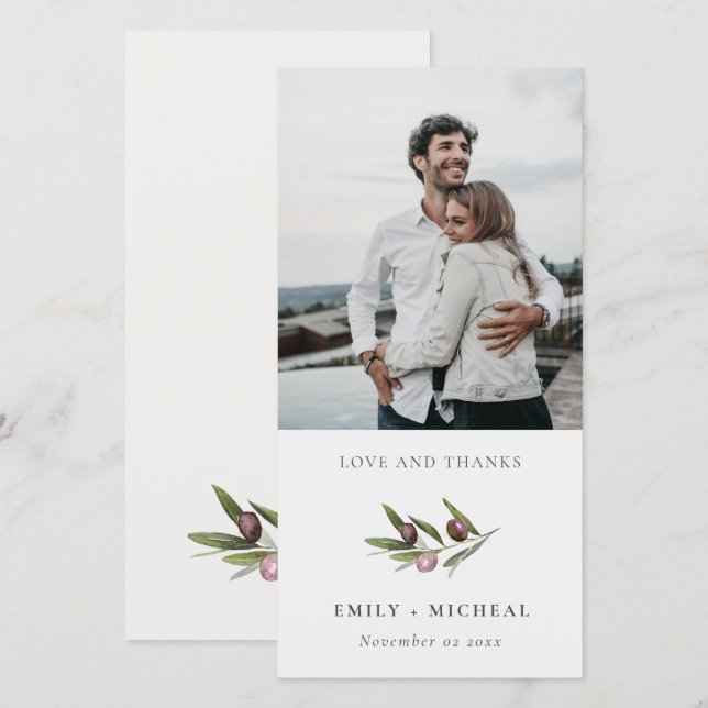 Rustikales Minimal Olive Branch Foliage Wedding Fo Dankeskarte (Vorne/Hinten)