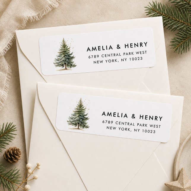 Rustikales minimales Weihnachtsbaum-Rücksendeetike (Rustic Minimal Christmas Tree Return Address Label displayed on cream envelopes)