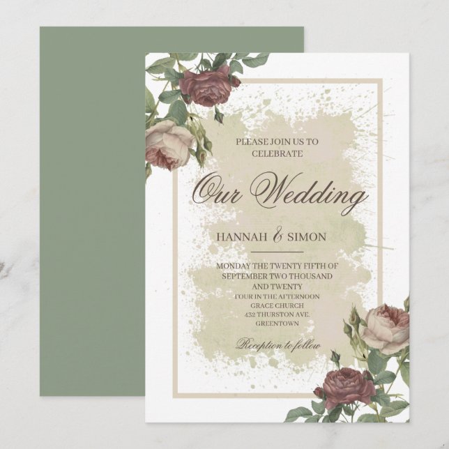 Rustikales Minimalistisches Burgund Gold Wedding I Einladung (Vorne/Hinten)
