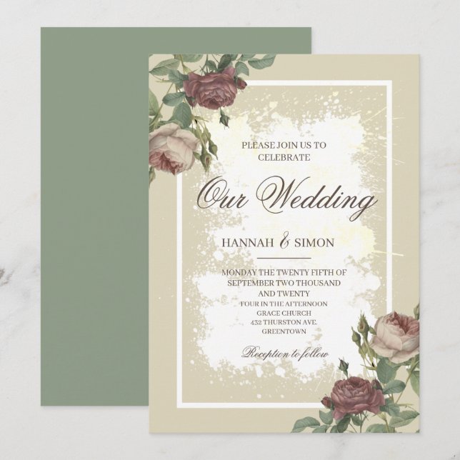 Rustikales Minimalistisches Burgund Gold Wedding I Einladung (Vorne/Hinten)