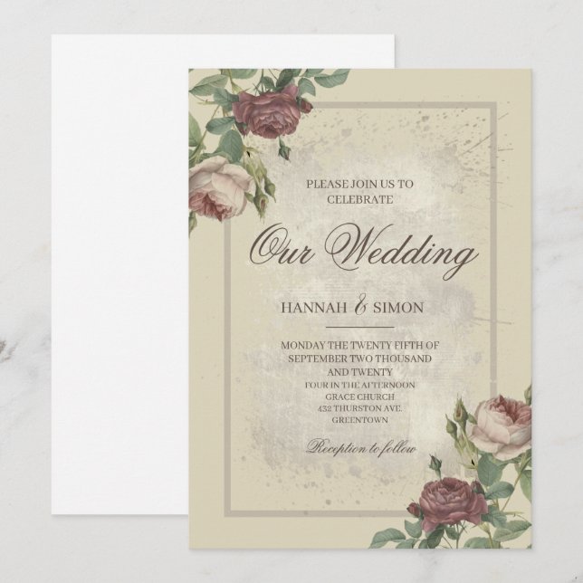Rustikales Minimalistisches Burgund Gold Wedding I Einladung (Vorne/Hinten)