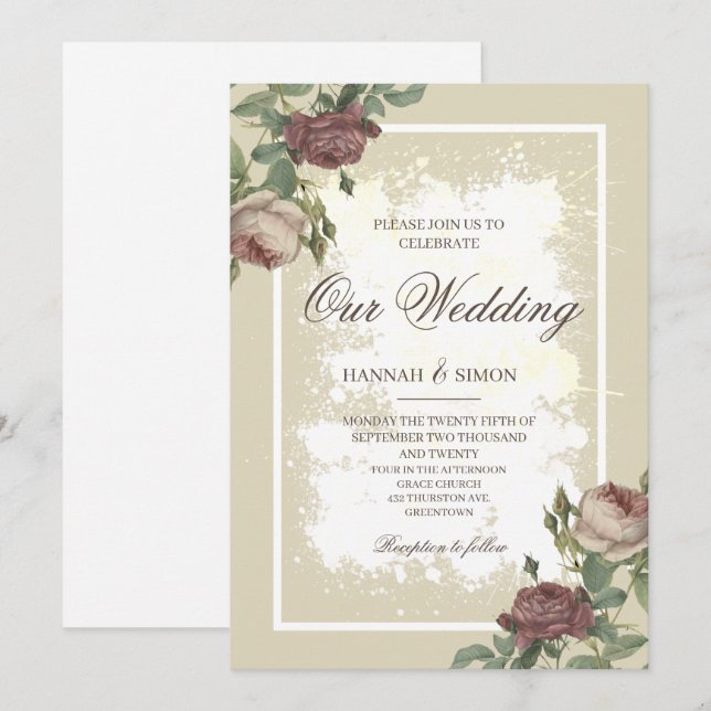 Rustikales Minimalistisches Burgund Gold Wedding I Einladung (Vorne/Hinten)