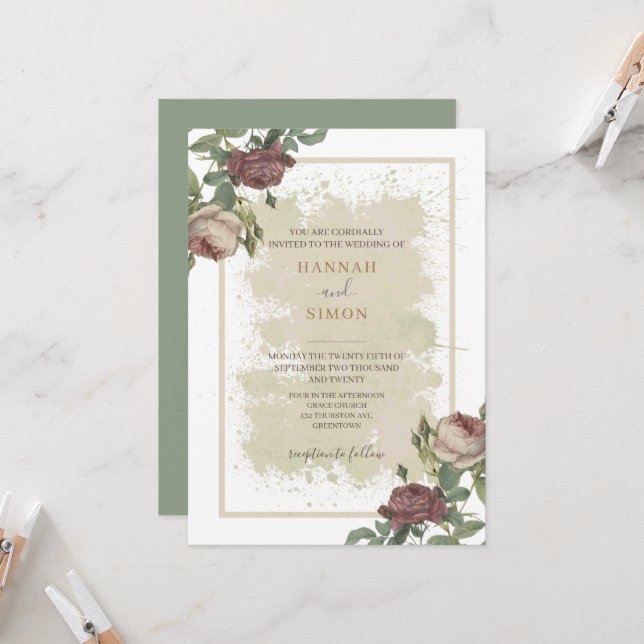 Rustikales Minimalistisches Burgund Gold Wedding I Einladung (Vorderseite/Rückseite Beispiel)