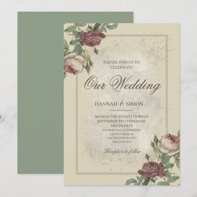 Rustikales Minimalistisches Burgund Gold Wedding I Einladung (Vorne/Hinten)