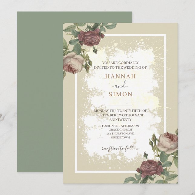 Rustikales Minimalistisches Burgund Gold Wedding I Einladung (Vorne/Hinten)