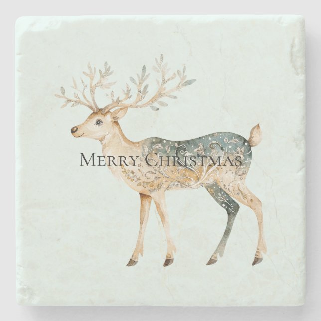 Rustikales Mint Green Gold Cream Christmas Hirsch Steinuntersetzer (Vorderseite)