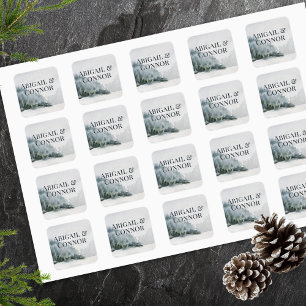 Rustikales Misty Mountain Lake Quadratischer Aufkleber