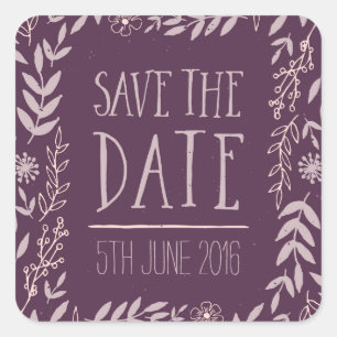 Rustikales Mit Blumenlila Save the Date Quadratischer Aufkleber