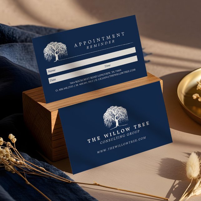 Rustikales, modernes Navy Blue & White Willow Tree Terminkarte (Rustic Modern Navy Blue & White Willow Tree Logo Appointment Card (Front & Back))