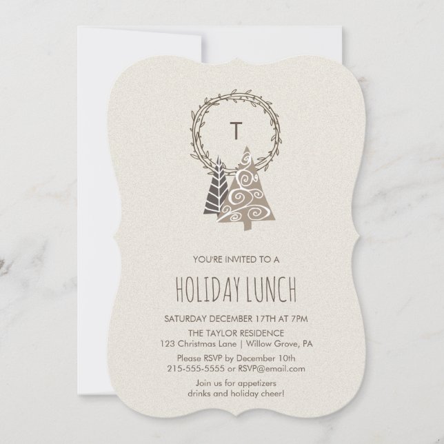 Rustikales Mongram Wreath Holiday Lunch Einladung (Vorderseite)