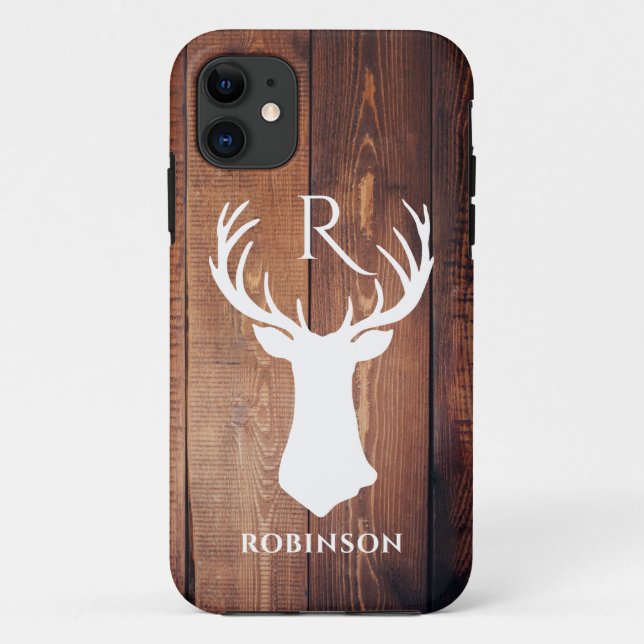 Rustikales Monogramm Holz gestylt Hirschantler Case-Mate iPhone Hülle (Rückseite)