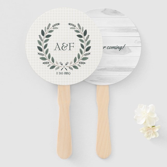 Rustikales Monogramm I Do BBQ Hochzeitsdusche Fächer (Vorne und Hinten)