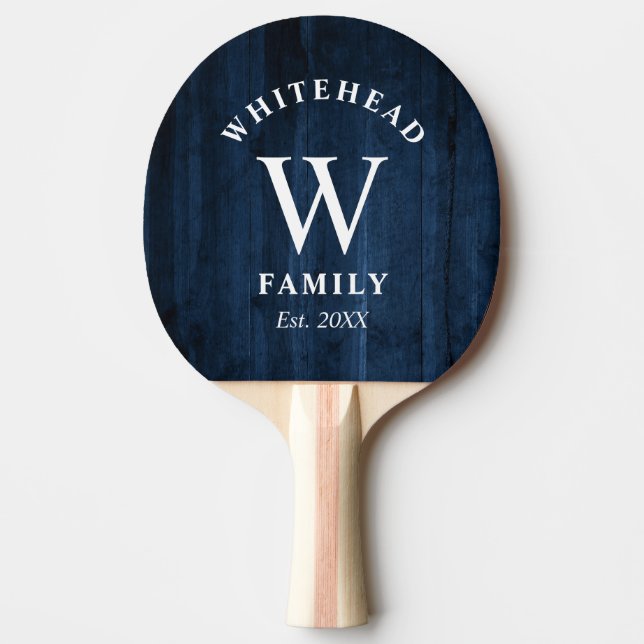 Rustikales Monogramm Navy Blue Wood Tischtennis Schläger (Vorderseite)