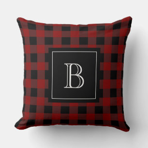 Rustikales Monogramm Rot Schwarz Büffel Karo Plaid Kissen
