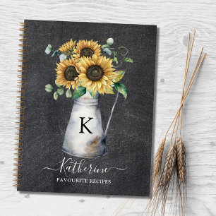 Rustikales Monogramm Sonnenblume Schwarzes Rezeptb Notizbuch