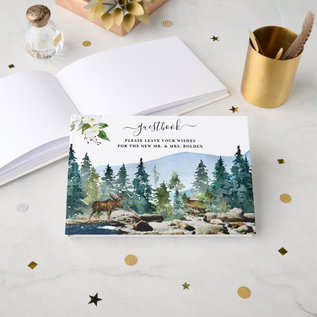 Rustikales Mountain Camping Themed Wedding Gästebu Gästebuch (Vorderseite Offen)
