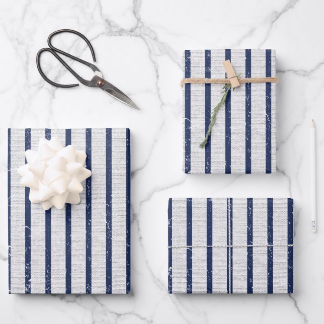 Rustikales Muster für graue Linen und blaue Streif Geschenkpapier Set (Vorderseite)