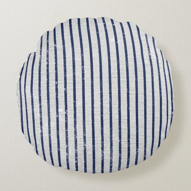 Rustikales Muster für graue Linen und blaue Streif Rundes Kissen (Vorderseite)