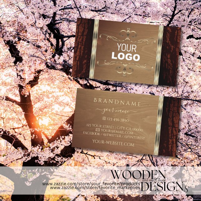 Rustikales Naturbaum Bark Grain Gold Border Logo Visitenkarte (Von Creator hochgeladen)