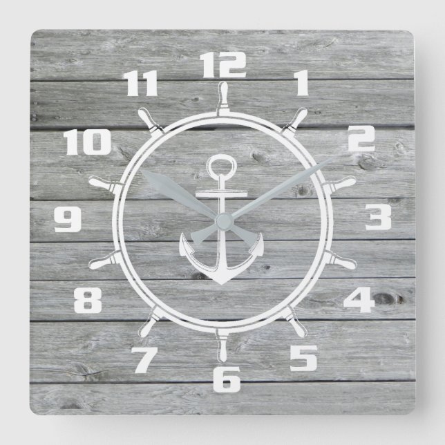 Rustikales Nautikrad auf alten Holz Quadratische Wanduhr (Vorderseite)