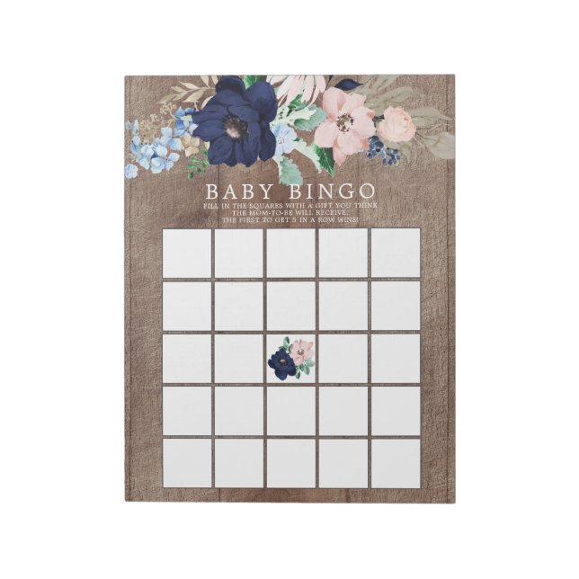 Rustikales Navy Blue & Blush Baby Dusche Bingo Spi Notizblock (Rotiert)