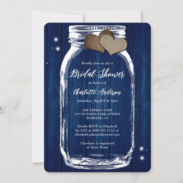 Rustikales Navy Blue Mason Jar Wood Brautparty Einladung (Vorderseite)