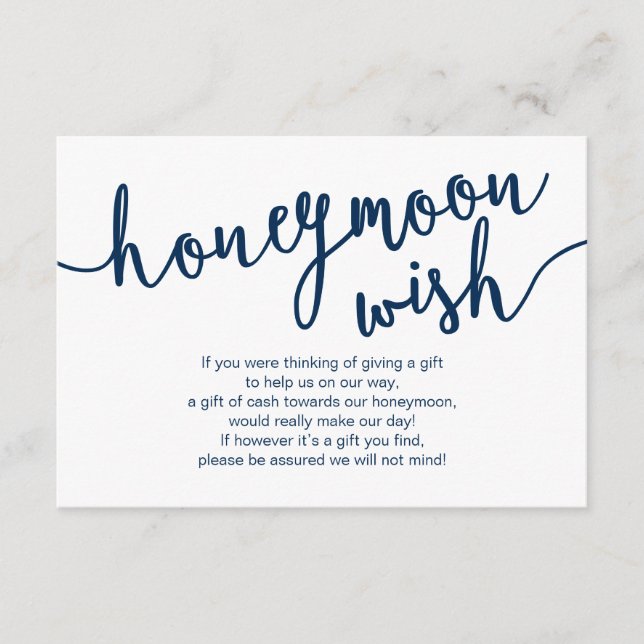 Rustikales Navy Blue Script, Hochzeitshoneymoon Wi Begleitkarte (Vorderseite)