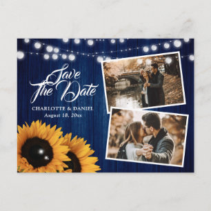 Rustikales Navy Blue Sunflower Save the Date Foto Ankündigungspostkarte