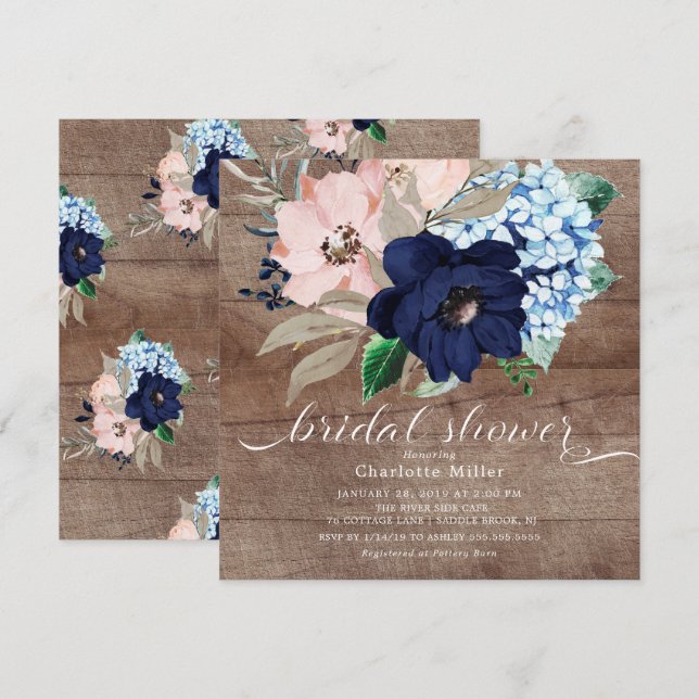 Rustikales Navy Blue und Blush Blume Brautparty Einladung (Vorne/Hinten)