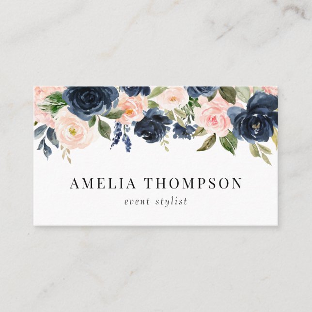 Rustikales Navy Blue und Blush Rose Blumengarland Visitenkarte (Vorderseite)