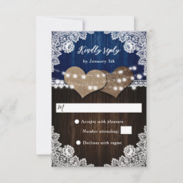 Rustikales Navy Blue Wood Burlap Lace Wedding RSVP Karte