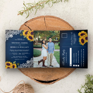 Rustikales Navy Blue Wood Lace Sunflower Wedding F Dreifach Gefaltete Einladung