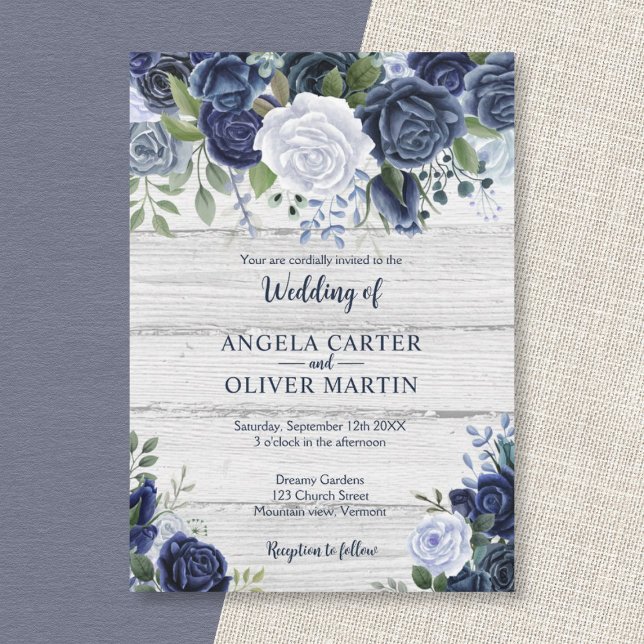 Rustikales Navy Dusty Blue Watercolor Floral Wood Einladung (Von Creator hochgeladen)