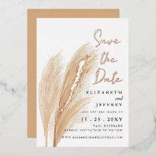 Rustikales, neutrales Boho Pampas Save the Date Folieneinladung