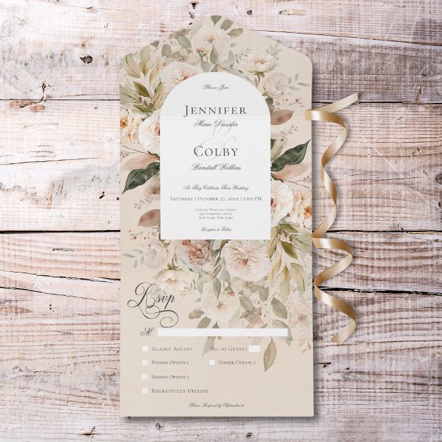 Rustikales, neutrales Tan & Cream All In One Einladung (Rustic Neutral Tan & Cream Floral Arch Dinner All In One Invitation)