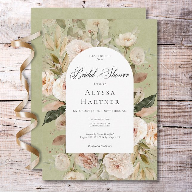 Rustikales neutrales Tan Green Floral Arch Brautpa Einladung (Rustic Neutral Tan Cream Green Arch Bridal Shower Invitation)