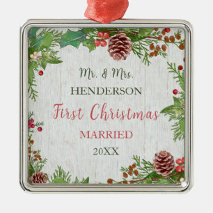 Rustikales Newlyweds 1. Weihnachtsmeilenstein Ornament Aus Metall