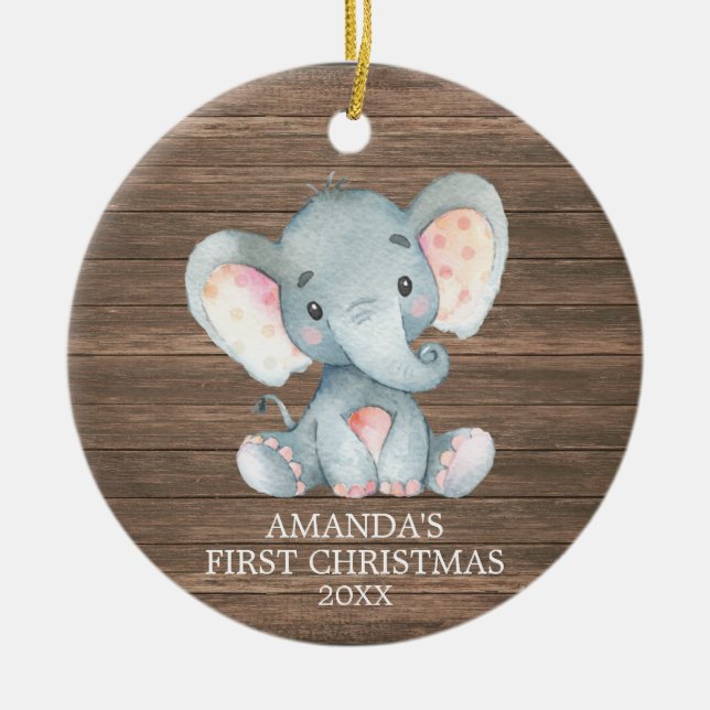 Rustikales Niedlich Elephant Baby First Christmas Keramik Ornament (Vorne)